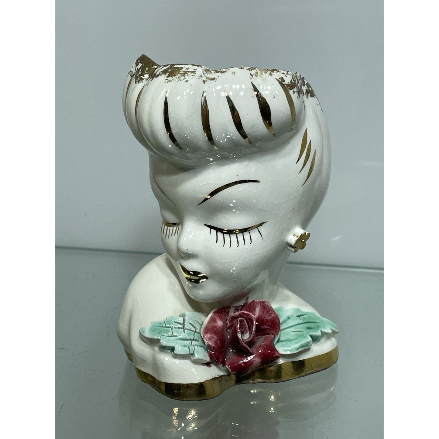 VINTAGE BETTY GRABLE LADY HEAD VASE 4” Tall Lewis Weil GLAMOUR GIRL Gold Trim