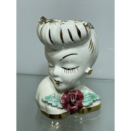 VINTAGE BETTY GRABLE LADY HEAD VASE 4” Tall Lewis Weil GLAMOUR GIRL Gold Trim