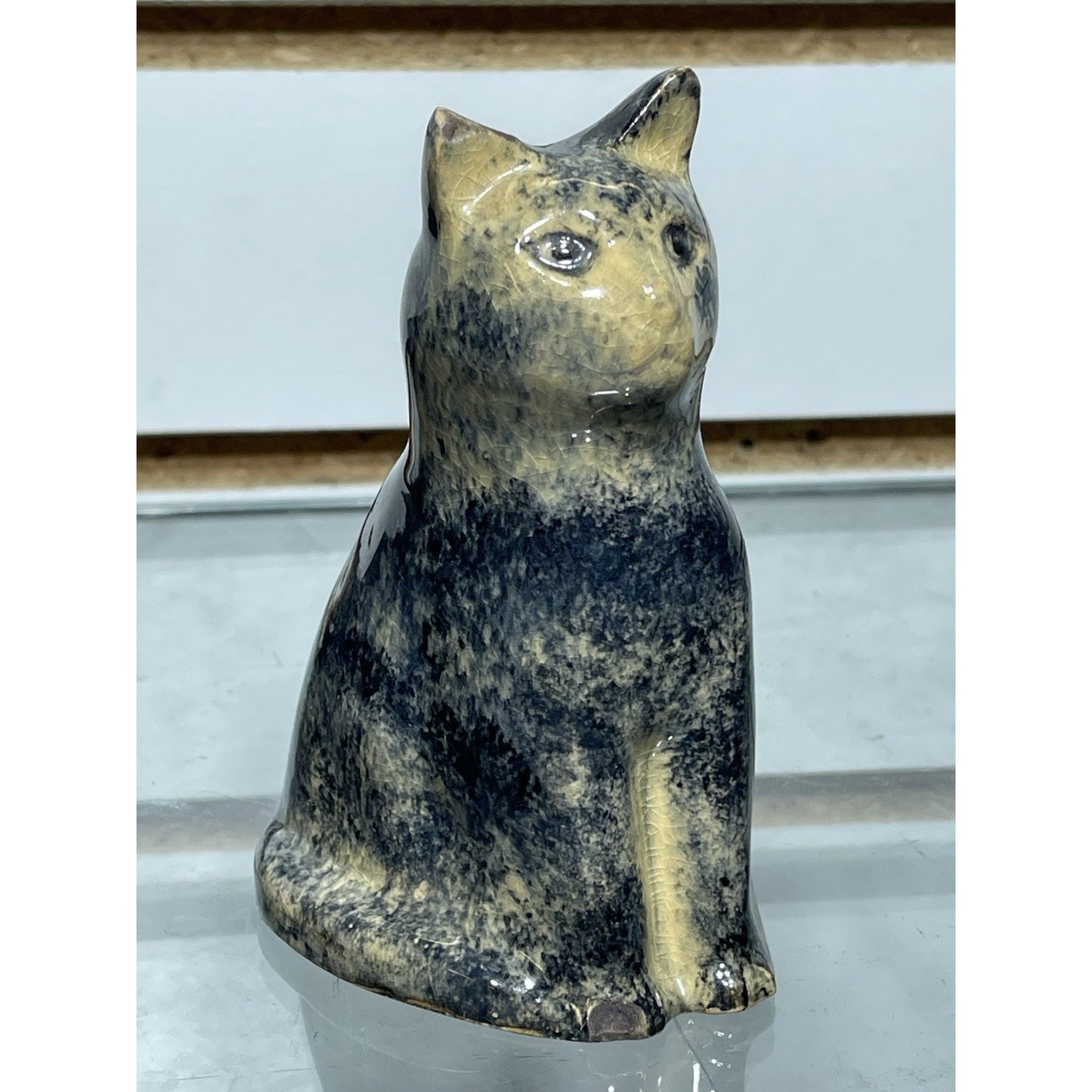 Antique Early Sponge ware Cat 4” Figurine Pottery 1900's gloss blue & tan
