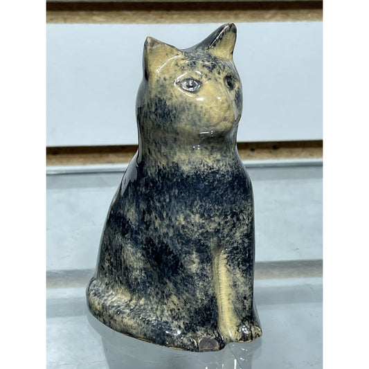 Antique Early Sponge ware Cat 4” Figurine Pottery 1900's gloss blue & tan