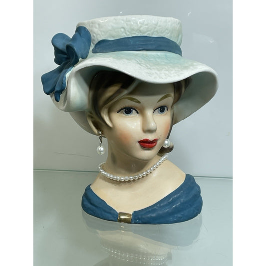 Vintage Relpo Lady HEAD VASE 7" Blue hat & ribbon Young Lady K 1679 - NO ISSUES