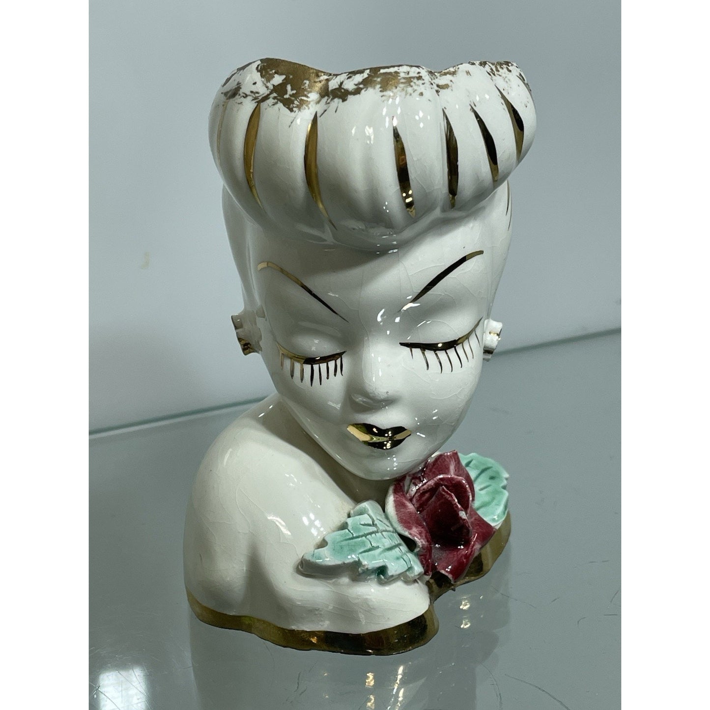 VINTAGE BETTY GRABLE LADY HEAD VASE 4” Tall Lewis Weil GLAMOUR GIRL Gold Trim