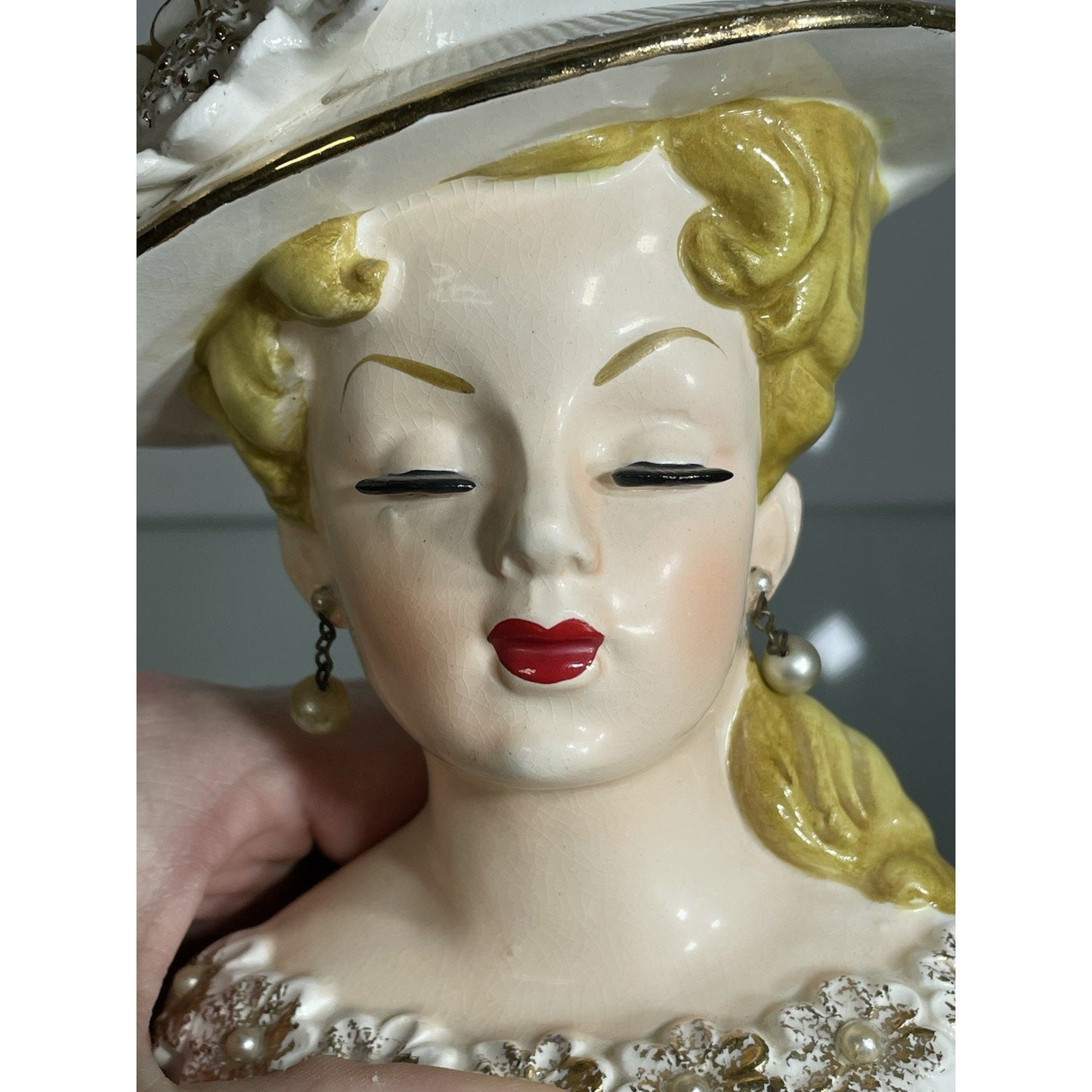 Rare 6" Rubens Lady Head Vase Japan 500 Flowers Blonde White Hat Gold Trim