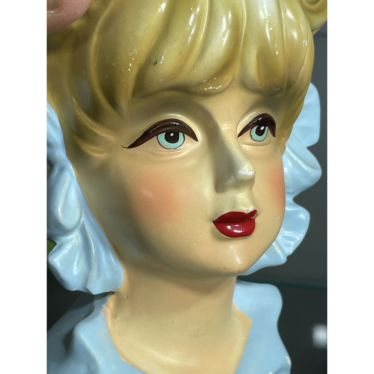 Rare Vintage 50's Rubens Originals Lady Head Vase 4121 Blonde Curls Blue Bows 5.