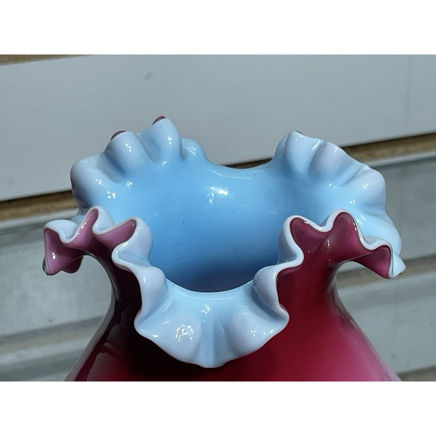 Antique Pink Wild Rose Peachblow Satin Vase Blue Interior RARE Crimped rim 5x5.7