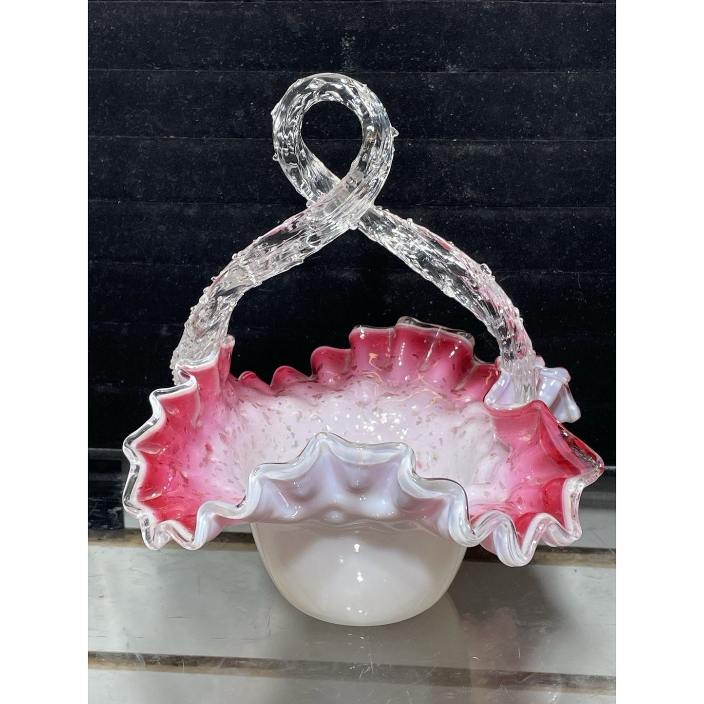 Antique Victorian Pink Cased Basket w Thron Handle - Silver flakes 7.5" tall
