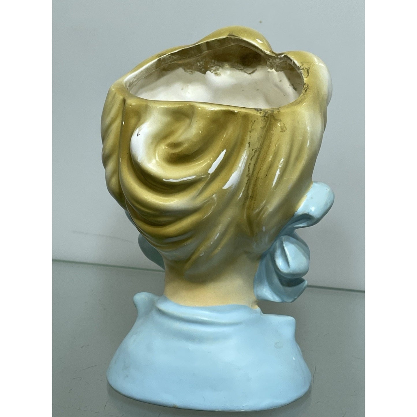 Rare Vintage 50's Rubens Originals Lady Head Vase 4121 Blonde Curls Blue Bows 5.