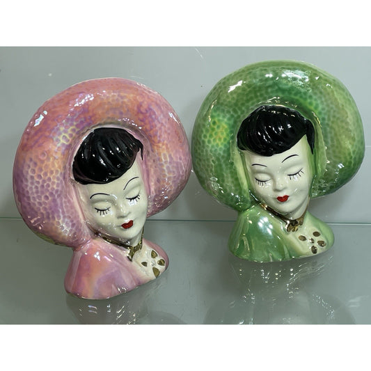Vtg 1940 Lady Head Vase Wall Pocket Iridescent Pink Gold Red Lips asian Lot of 2