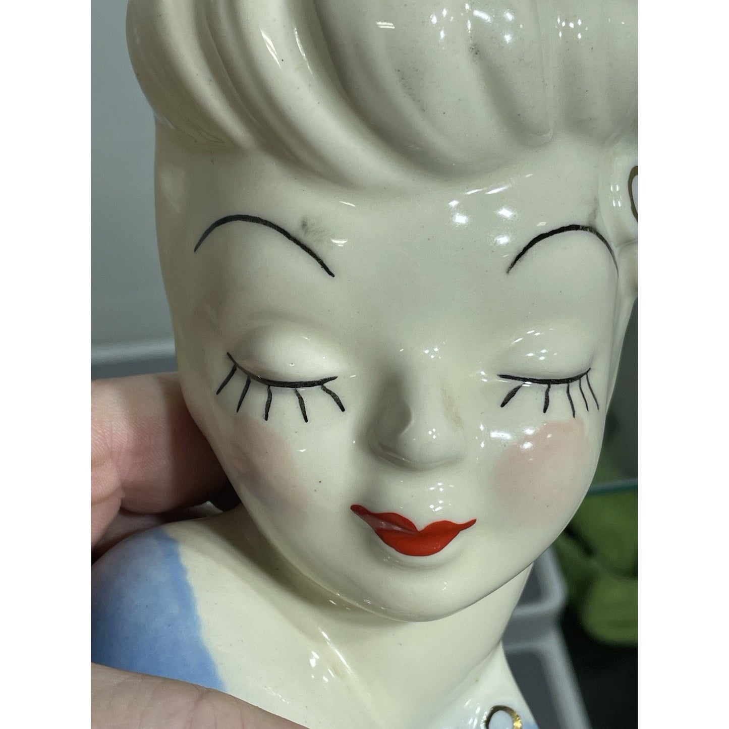 Vintage MCM Betty Grable Glamour Girl Lady Head Vase Wall Pocket Blue Dress 6”
