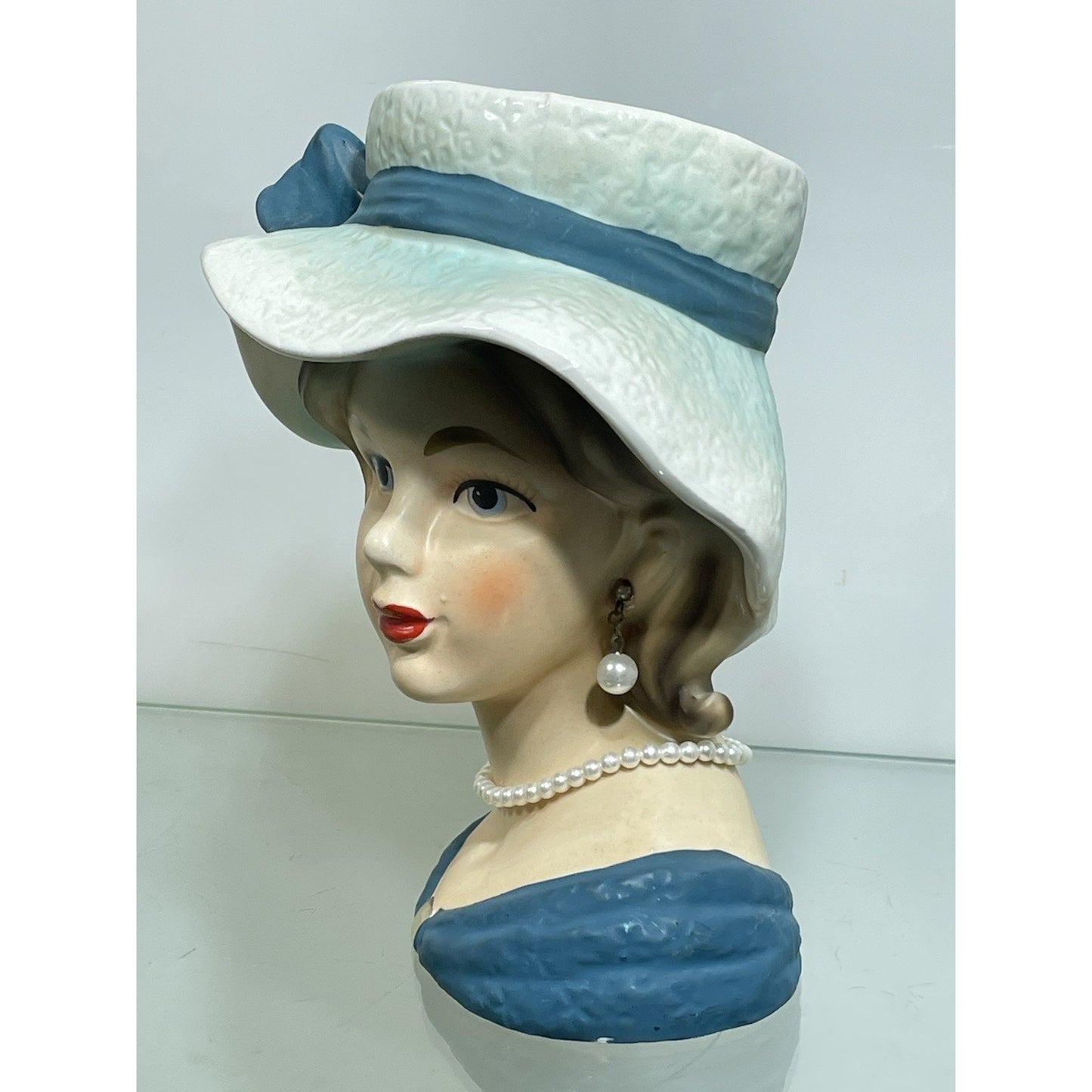 Vintage Relpo Lady HEAD VASE 7" Blue hat & ribbon Young Lady K 1679 - NO ISSUES
