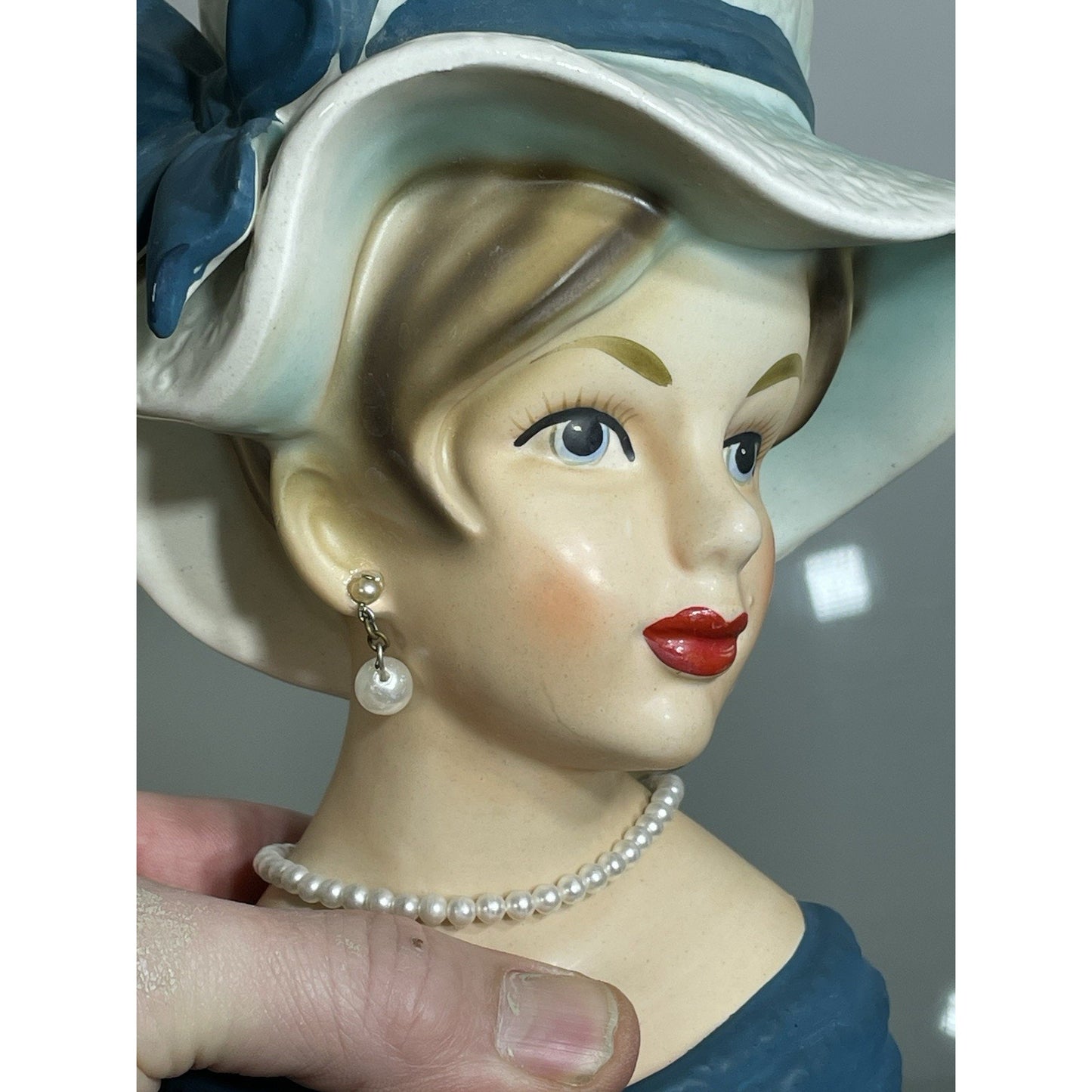 Vintage Relpo Lady HEAD VASE 7" Blue hat & ribbon Young Lady K 1679 - NO ISSUES