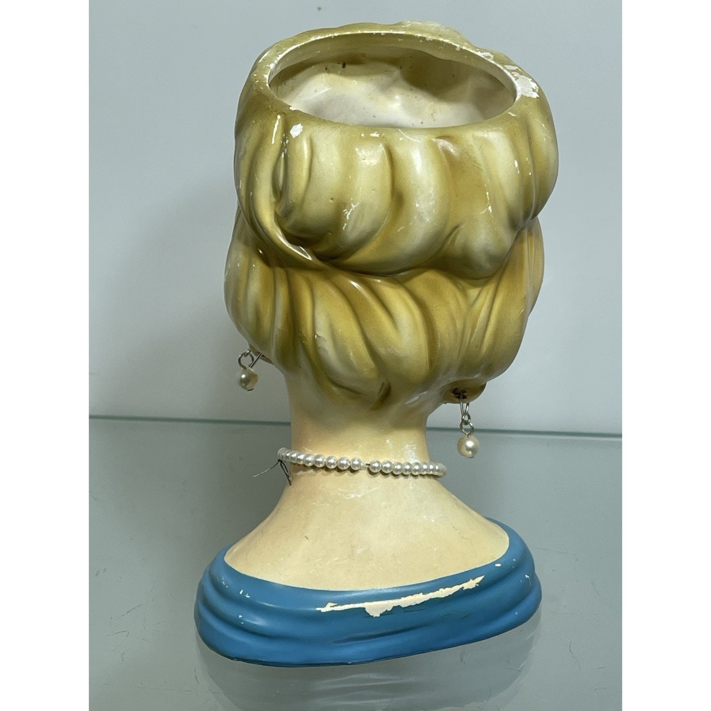 Rare 1950's Rubens Originals Lady Head Vase 4103 Blonde Curls Blue Dress 5.75"