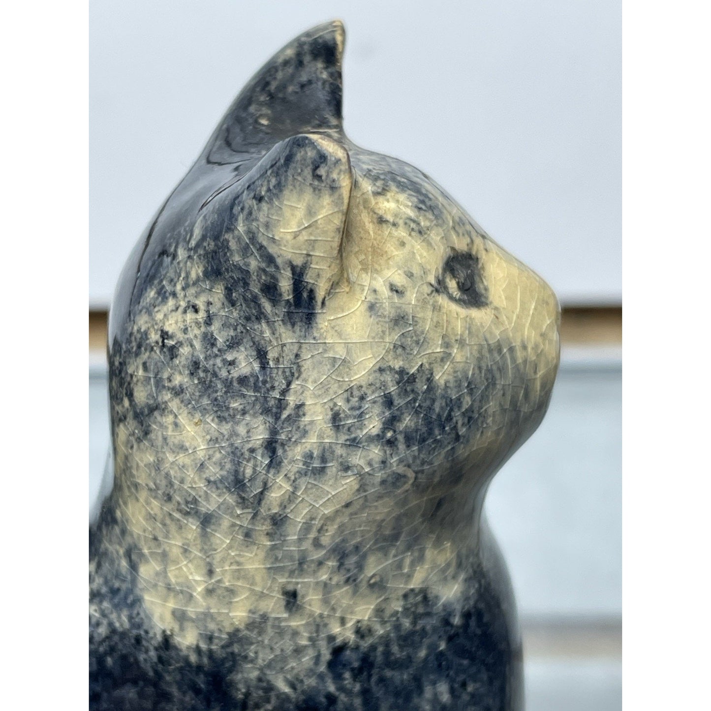 Antique Early Sponge ware Cat 4” Figurine Pottery 1900's gloss blue & tan