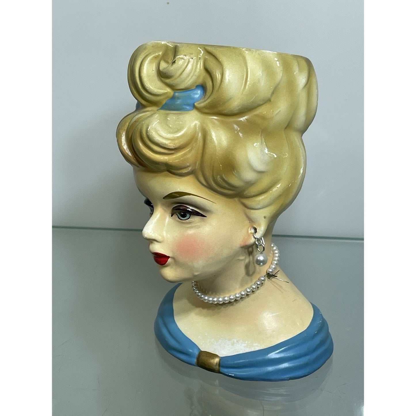 Rare 1950's Rubens Originals Lady Head Vase 4103 Blonde Curls Blue Dress 5.75"