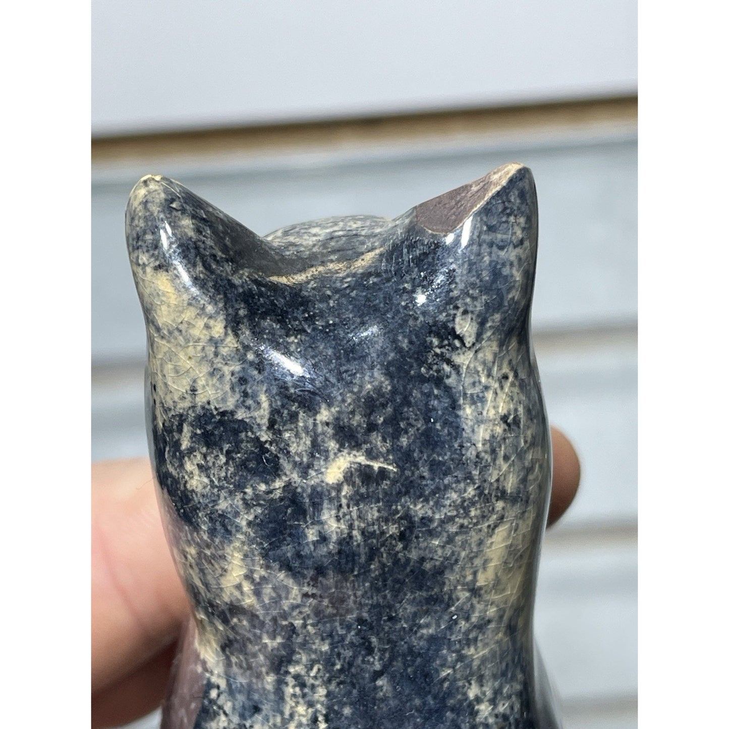 Antique Early Sponge ware Cat 4” Figurine Pottery 1900's gloss blue & tan