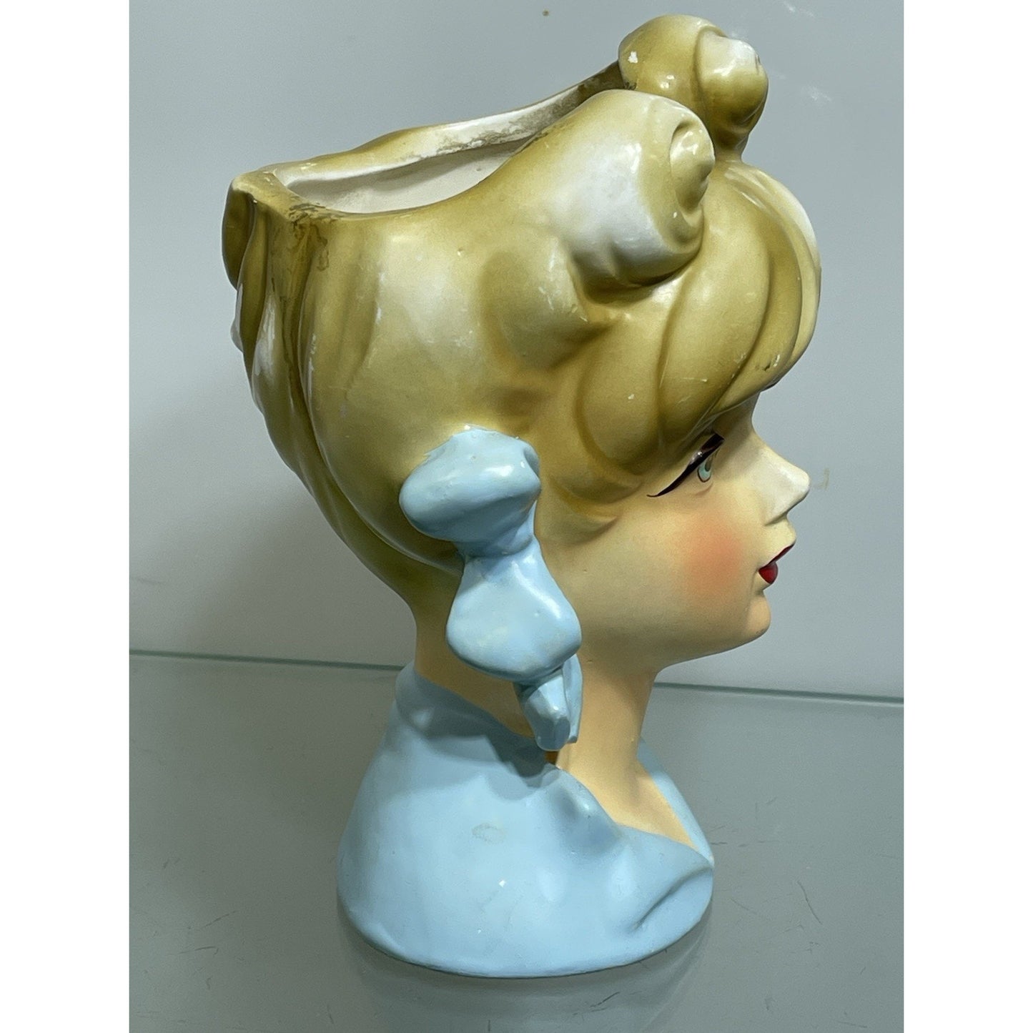 Rare Vintage 50's Rubens Originals Lady Head Vase 4121 Blonde Curls Blue Bows 5.