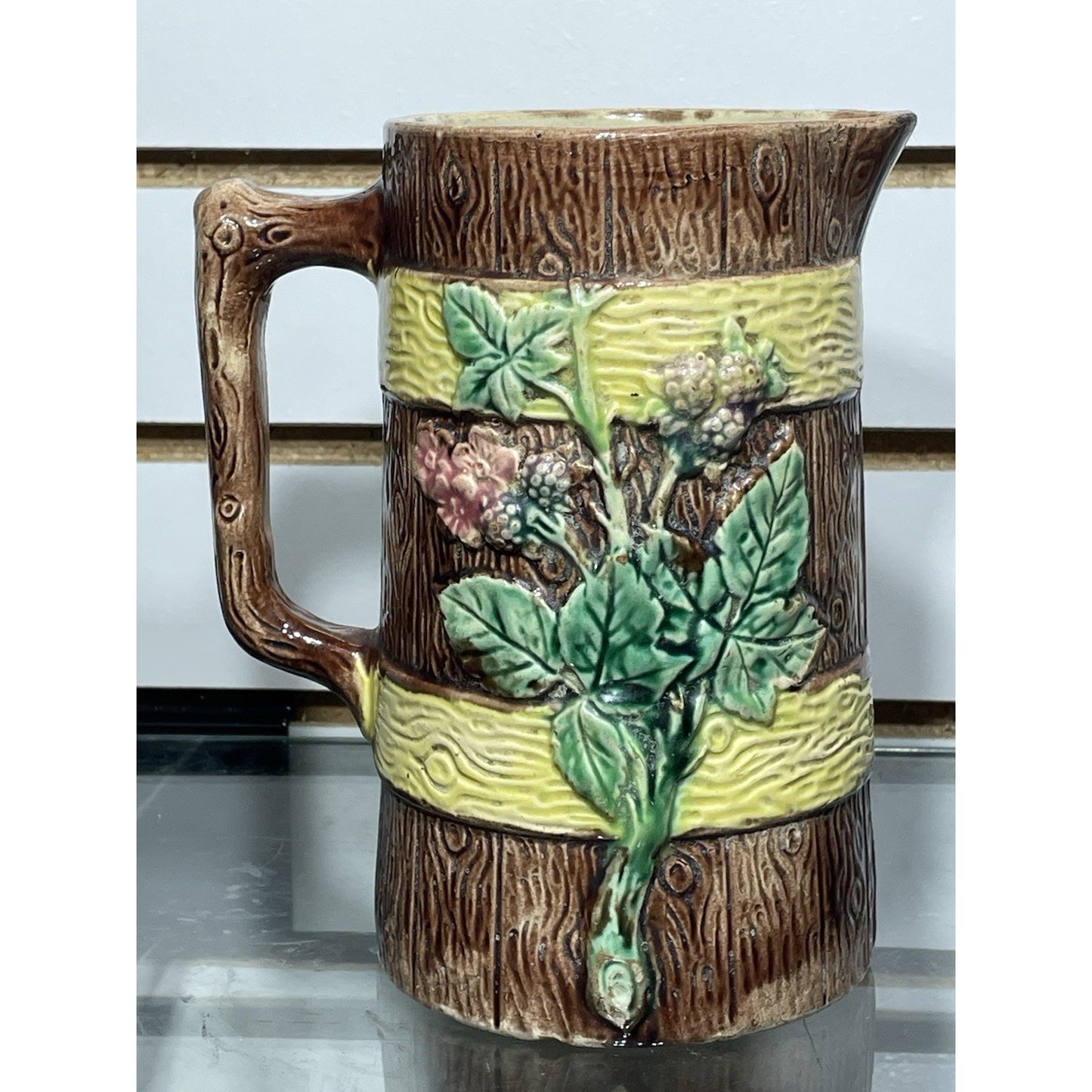 Antique English Majolica Wood and Blossoms Berries Pitcher c.1880's 7" Tall