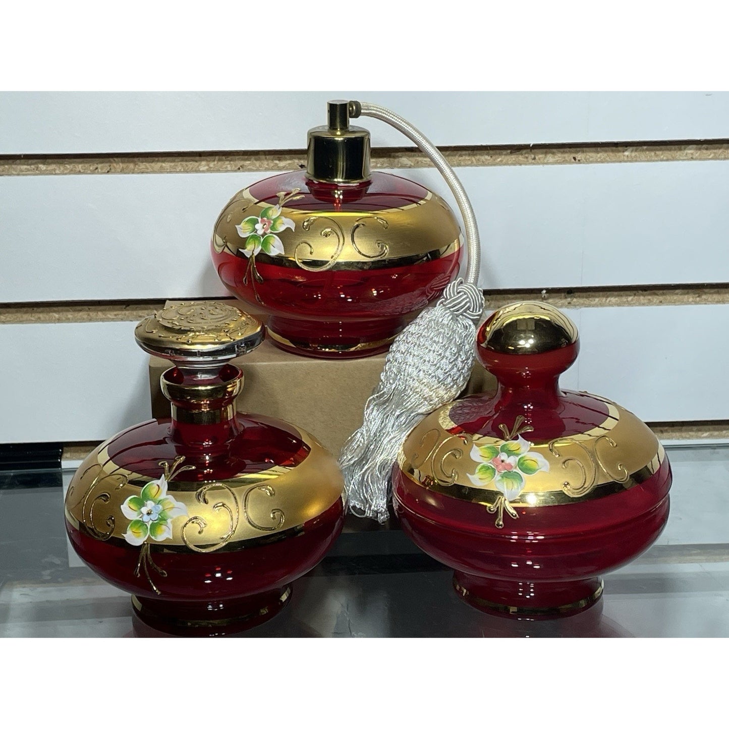 Bohemian Czech Art Deco Gilt High Enamel Glass Perfume Bottles Vanity Set of 3