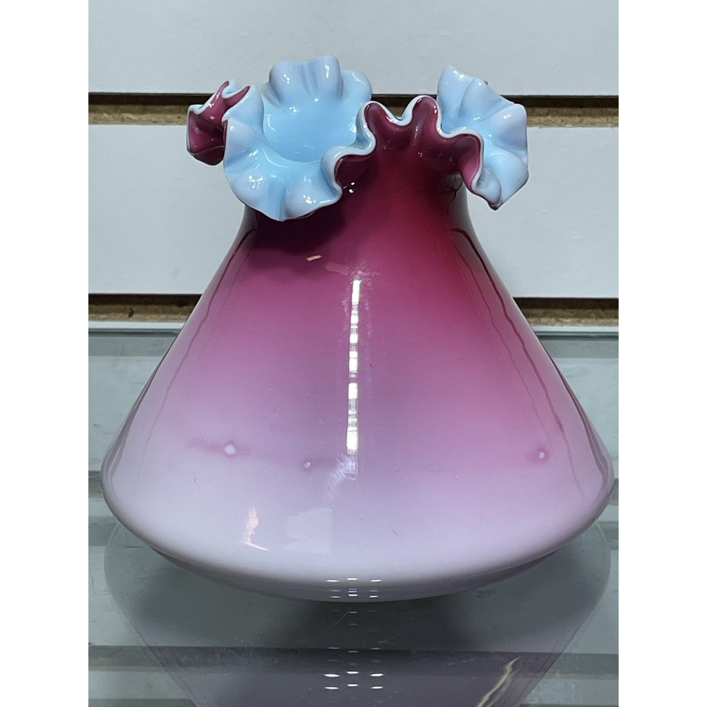 Antique Pink Wild Rose Peachblow Satin Vase Blue Interior RARE Crimped rim 5x5.7
