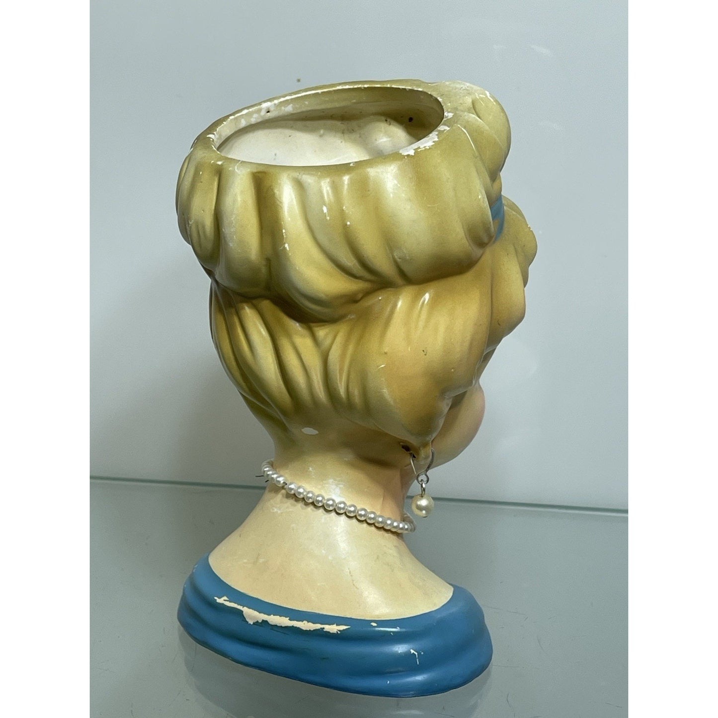 Rare 1950's Rubens Originals Lady Head Vase 4103 Blonde Curls Blue Dress 5.75"
