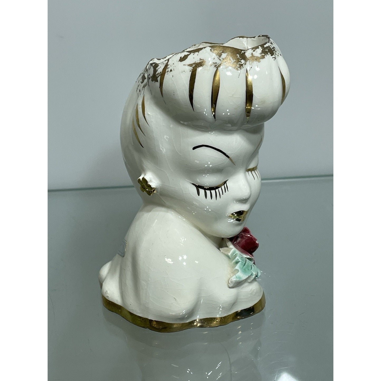 VINTAGE BETTY GRABLE LADY HEAD VASE 4” Tall Lewis Weil GLAMOUR GIRL Gold Trim