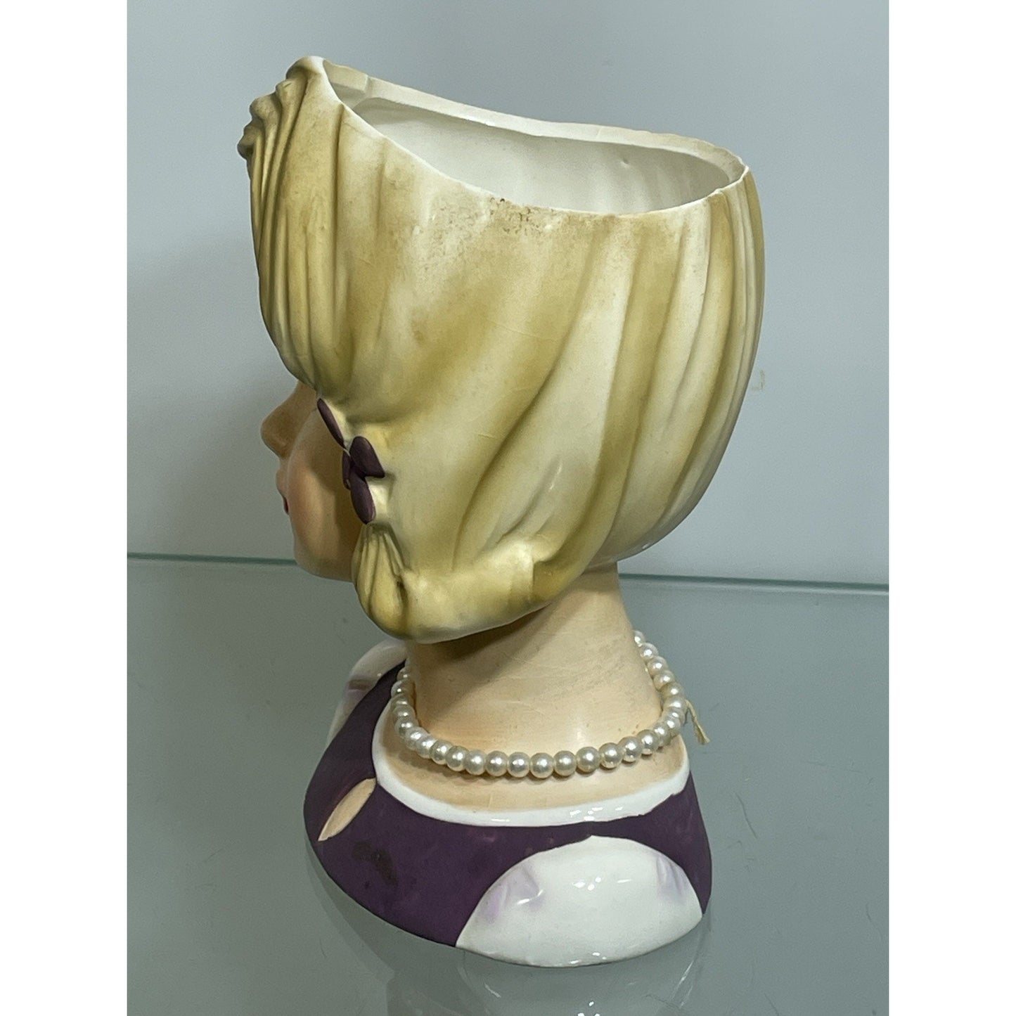 Vintage Lark Lady Blonde Purple Dress Head Vase With Pearls, Purple Flowers 5.75