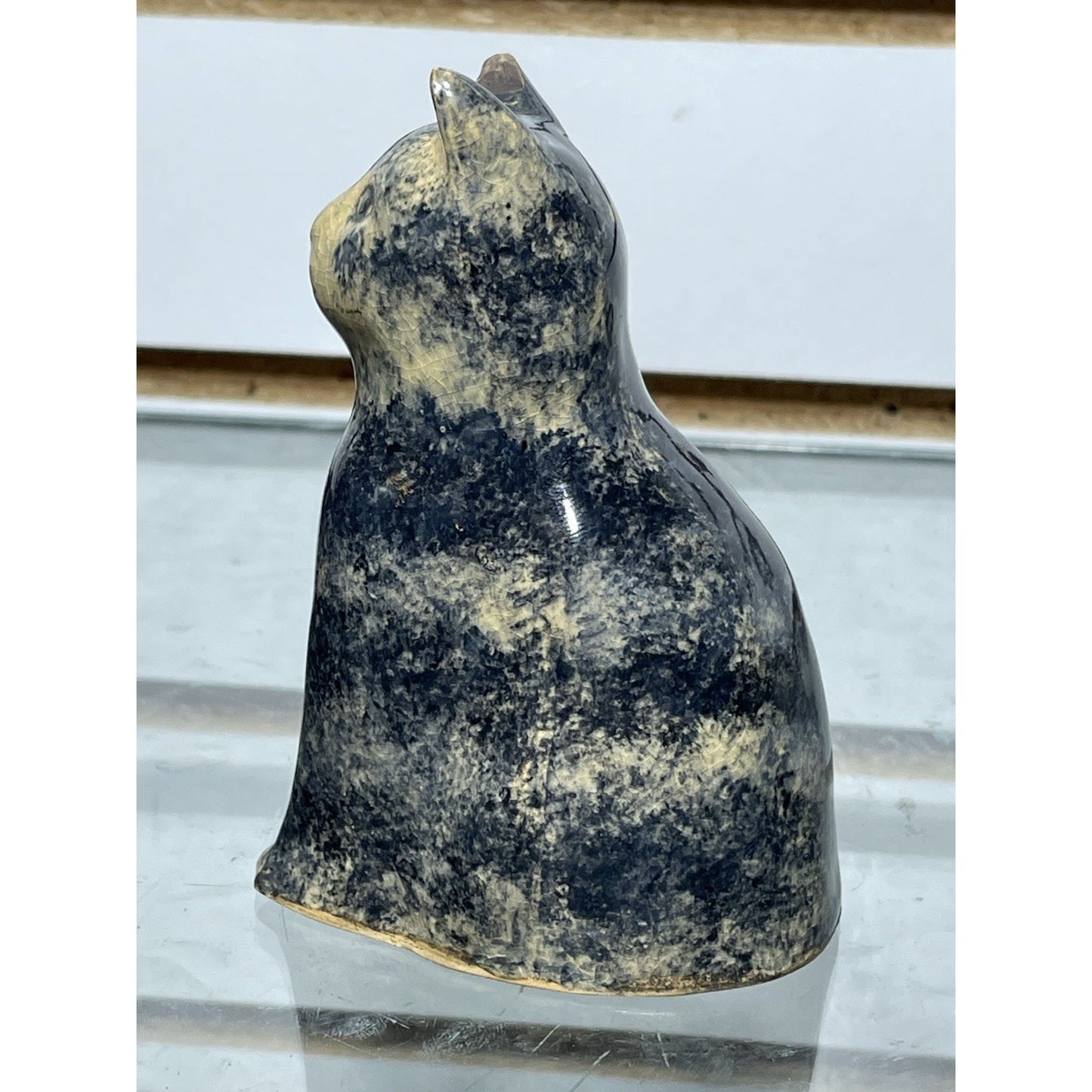 Antique Early Sponge ware Cat 4” Figurine Pottery 1900's gloss blue & tan