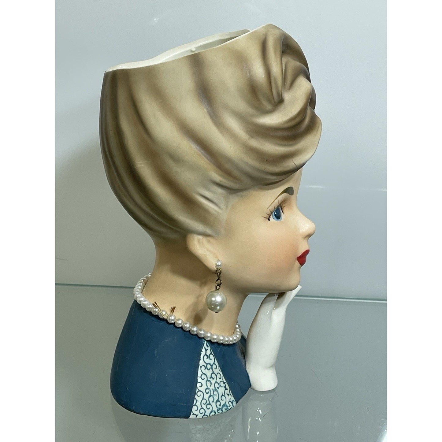 VINTAGE 1950's HTF 7-1/4" RELPO LADY HEAD VASE K1633 REDHEADED in Blue RARE