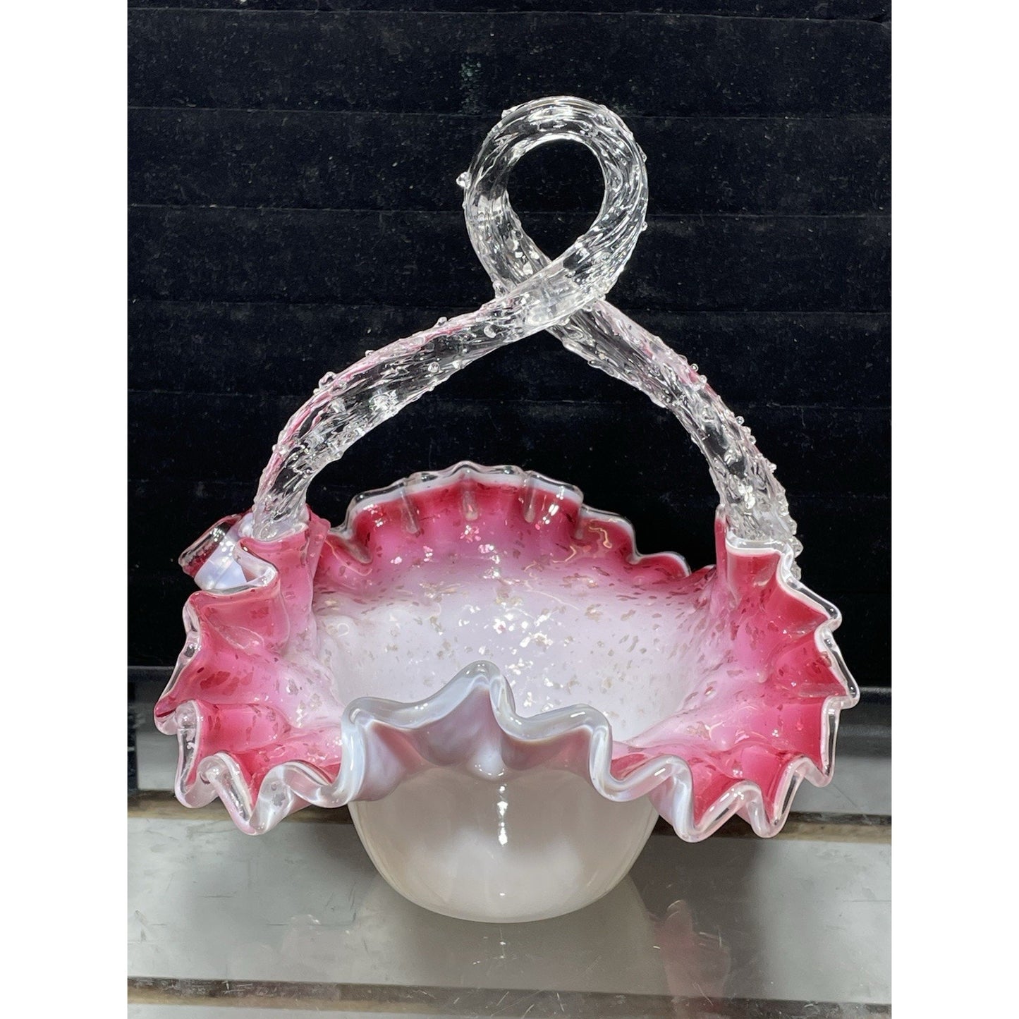 Antique Victorian Pink Cased Basket w Thron Handle - Silver flakes 7.5" tall
